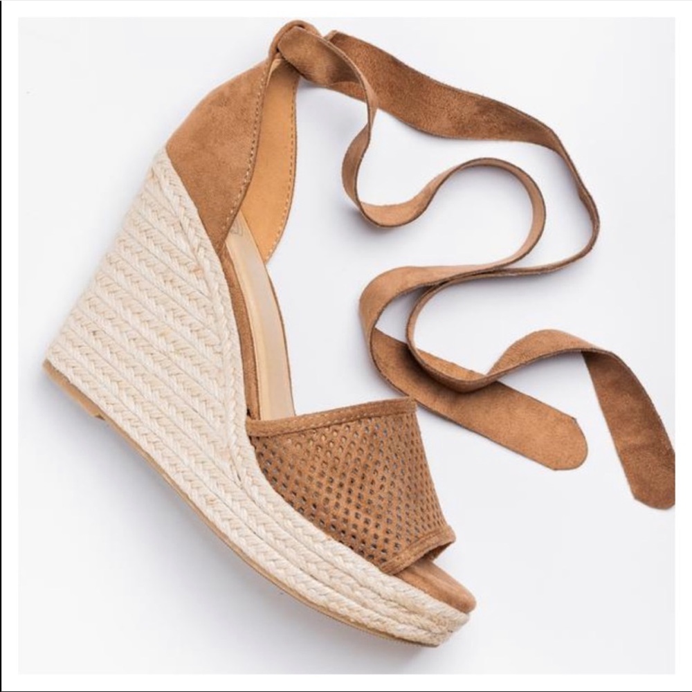 SIZE 10✨pinhole wrap espadrille wedges tan - Picture 2 of 2